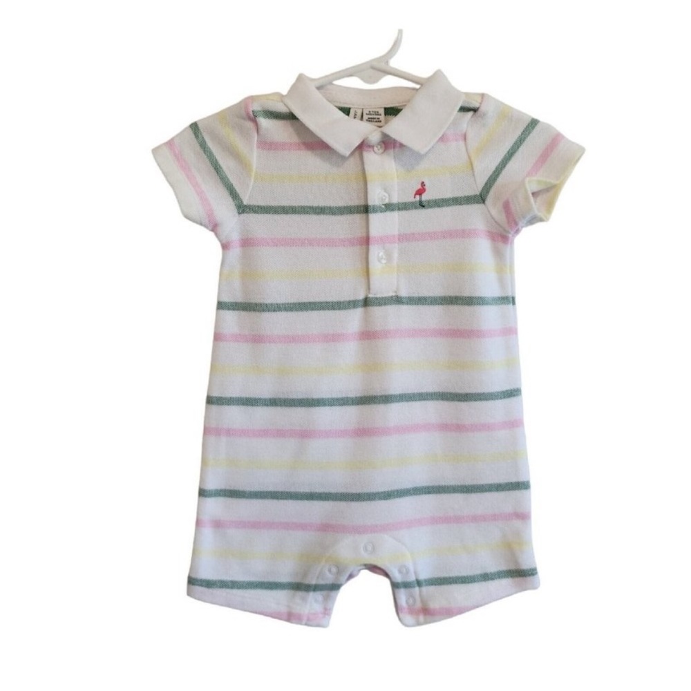 Janie and jack striped romper for boys 12-18 months pink green and yellow stripe